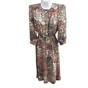Lady Carol Petites Vintage Floral Print‎ Pleated Dress Belted Size 4 Made in USA